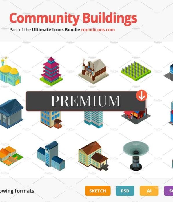 Community Buildings Vector Isometric Icons