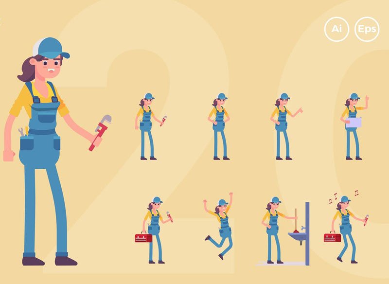 Female Plumber Character Set (20 Poses)