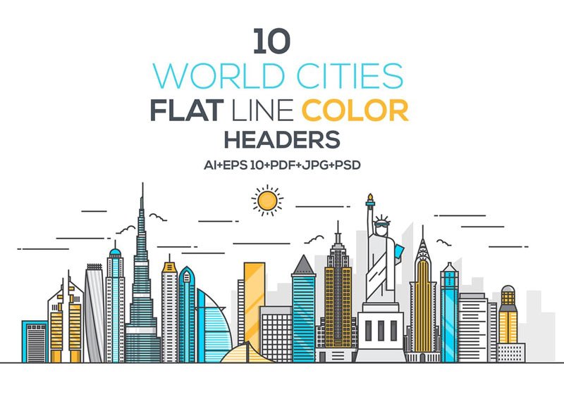 Set of Flat Line Color Banners of World Cities