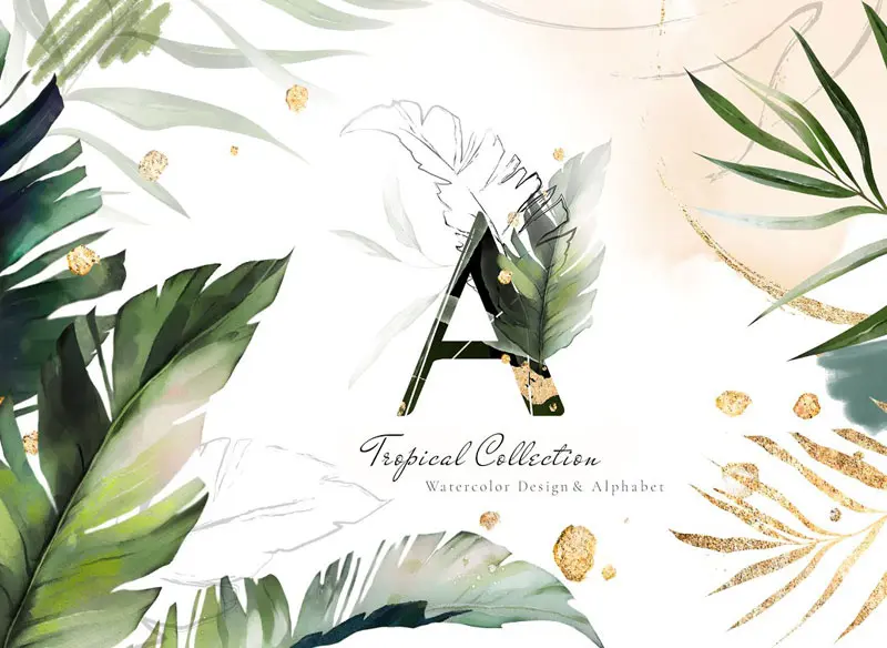 Tropical Watercolor & Gold Leaves
