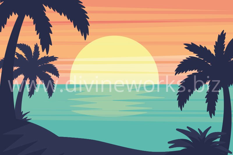 Download Free Adobe Illustrator Beach Sunset Landscape Vector Illustration by Divine Works