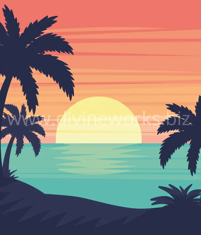 Download Free Adobe Illustrator Beach Sunset Landscape Vector Illustration by Divine Works