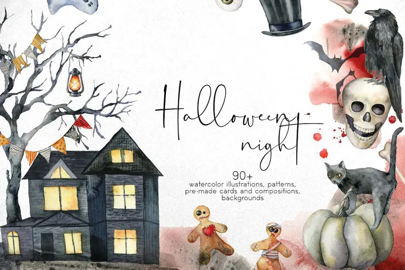 Happy Halloween Night Watercolor