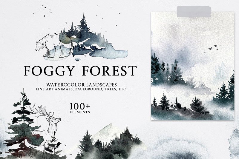 FOGGY FOREST Watercolor clipart