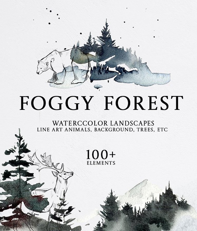 FOGGY FOREST Watercolor clipart