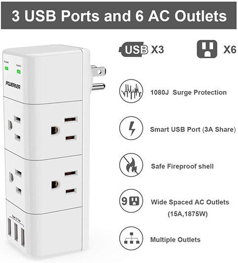 Surge Protector Wall Mount Outlet Splitter with Rotating Plug