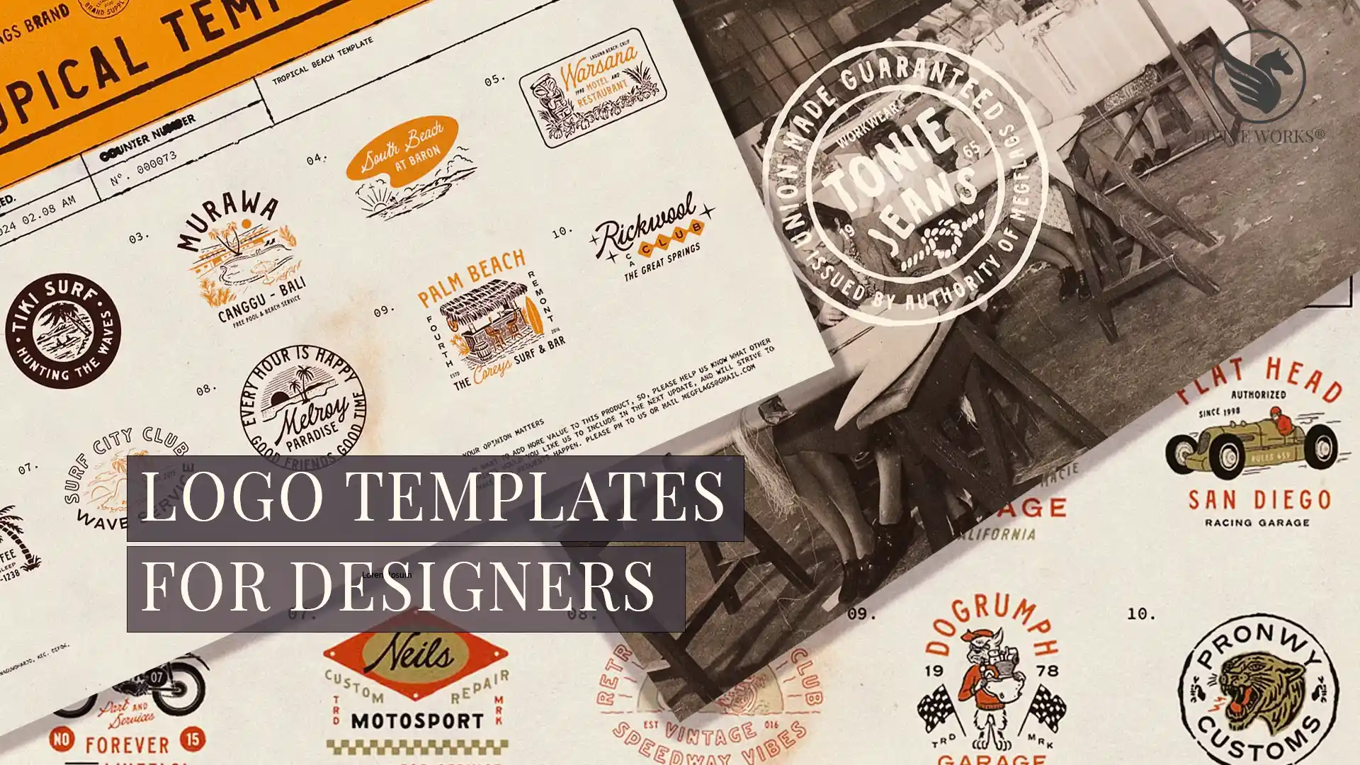 Logo templates for designers 2026 — bold badge-style logo printouts on a white desk with a MacBook and brand board — DivinеWorks